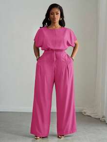 Slaydiva Women's Plus Size 2-Piece Set Blush Pink,Summer,Casual,Everyday,Formal Elegant Commute Loose Drop Shoulder Drawstring Cropped Top & Wide Leg Pants - Hot Pink - View 6