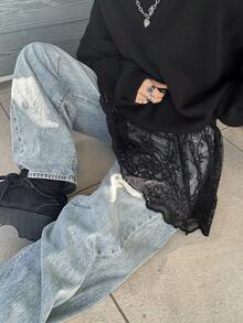 FRIFUL 女士时尚休闲日常薄纱刺绣半身裙 - 黑色 - 查看 6