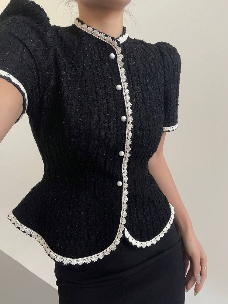 Contrast Trim Decor Puff Sleeve Cinched Waist Women Shirt