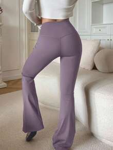 DAZY Women's High Waist Solid Color Casual Slim Fit Flare Pants - Purple - View 6