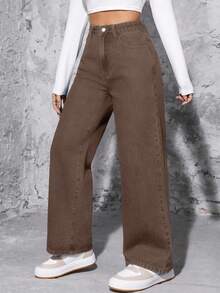 SHEIN EZwear 休闲宽松直筒洗水牛仔裤加厚牛仔布 - 咖啡棕 - 查看 7