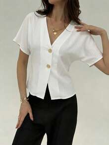 Aloruh 优雅蝙蝠袖双排扣纯色简约白衬衫，女士春假白色简约休闲衬衫，适合办公室工作和商务休闲场合。 - 白色 - 查看 5
