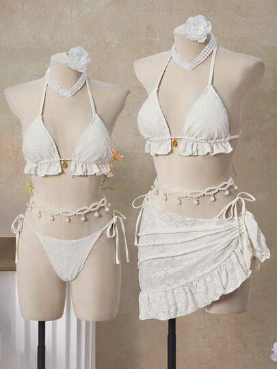 Bellisia 26SS 春夏度假沙滩花卉特殊面料米色三角上衣搭配同色沙滩裙三件套，2026新款女士泳装到货，适合上学、度假、约会、下午茶、西式、邮轮、海滩、海岛、公路旅行、四季皆宜、音乐节、波西米亚风度假、凉爽秋季、西式波西米亚风、优雅女士比基尼裙套装泳装三件套裙装泳装套装夏季两件套沙滩裙套装