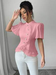 Elenzga Women's Solid Color Stand Collar Raglan Short Sleeve Ruffle Hem Blouse - Pink - View 3