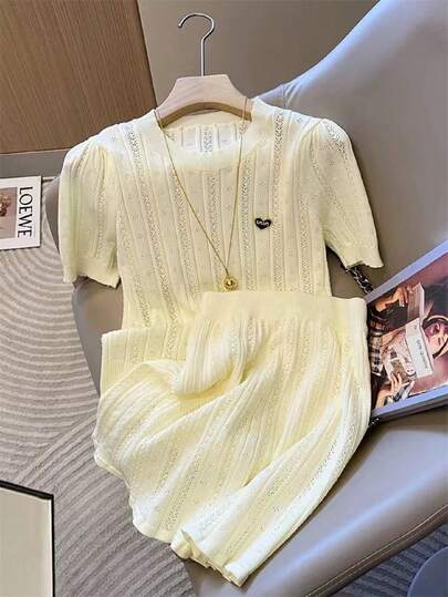 GlowEve 女士纯色圆领短袖镂空针织上衣和针织短裤休闲两件套