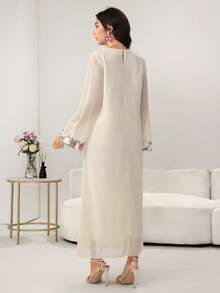 Yasmyna Women's Apricot Long Sleeve Chiffon Ruffle Hem Elegant Arabic Style Dress, Spring/Summer