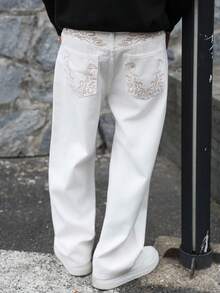 Manfinity EMRG Men's Mature Casual/Business Embroidered Straight Leg Wide Leg Jeans - White - View 5