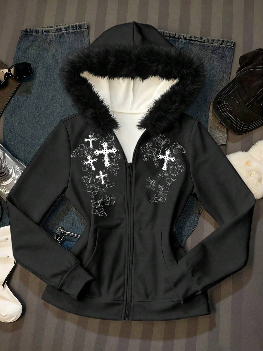 SHEIN EZwear 灰色哥特风女式水钻仿毛皮连帽卫衣，拉链卫衣，灰色卫衣，女式卫衣，B2 - 黑色 - 查看 1