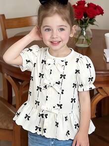 SHEIN Elladie kids 4-7岁女童春夏荷叶边领泡泡袖衬衫，弹力双层纱布面料，蝴蝶印花，蝴蝶结装饰，适合日常穿着、外出、休闲活动 - 白色 - 查看 3