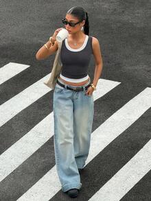 Muchica Women's 2 In 1 Splicing Casual Fitted Top For Going Out Outfits, Streetwear, Y2K Clothes, Grey Tank Top - Grey - View 3