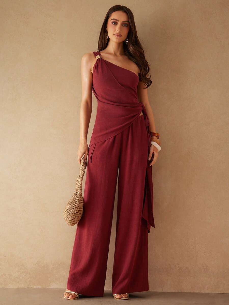 Silquee Pantalones sueltos de mujer con cintura de cordón de lino - Burdeos - Ver 1