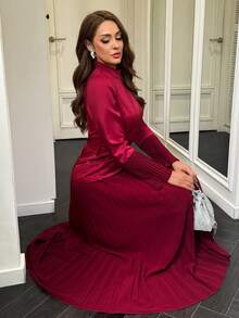 Modelyn فستان طويل أنيق بلون البرغندي لحفلات الشرق الأوسط الرسمية والمآدب - عنابي اللون - مشاهدة 7