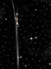 ROMWE MEN Goth Áo khoác nỉ có mũ, khóa kéo, màu tối, thời trang dành cho nam giới, được trang trí bằng đá lấp lánh. - màu đen - Xem 3