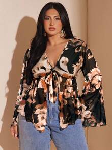 SHEIN BAE 大码女式花卉印花网眼喇叭袖上衣，春夏 - 卡其色 - 查看 3