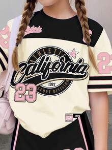 2pcs Back To School Tween Girl Casual Numeric 23 Print Short Sleeve Top And Shorts Set, Retro Athletic Style, Suitable For Summer - Multicolor - View 4