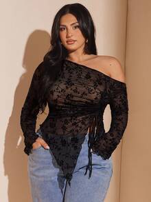 SHEIN BAE 大码女式网纱抽绳侧边上衣，优雅夏季假日派对，适合情人节、生日、端庄场合、办公室穿着，透视上衣，秋季必备 - 黑色 - 查看 6