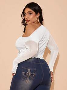 SHEIN BAE Plus Size Women Solid Color Asymmetric Neckline And Hem Drawstring Long Sleeve Top - White - View 2