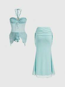 ROMWE Avant Summer Vacation Sexy Ocean Shell Decor Patchwork Hem Bandeau Mermaid Maxi Skirt Plus Size 2 Pieces Set - Baby Blue - View 2
