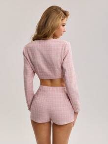 Sweetina 2件套女士情人节婚礼粉色性感格子单排扣长袖露脐上衣和短裤套装 - 粉色 - 查看 2