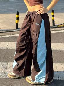 Coolane Women's Spring/Summer Going Out Streetwear Casual Vintage Y2K Athleisure Sportswear Brown And Blue Color-Blocked Cute Run Gym Low Rise Parachute Pants - Mocha Brown - View 3