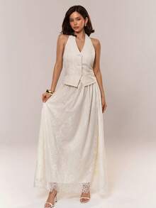Aloruh Romantic Date/Commute/Office Outfit: Halter Backless Blouse + A-Line Long Lace Skirt - White - View 3