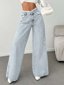 EURMUSE 女式中腰蕾丝腰带阔腿牛仔裤 - 淺藍色 - 查看 4