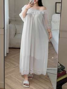 Dazy Plus Mesh Contrast Lace Off-Shoulder Loose Sexy Long Nightgown - White - View 1