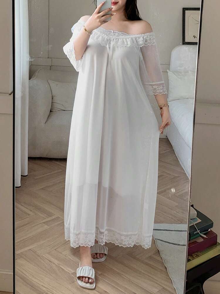 Dazy Plus Mesh Contrast Lace Off-Shoulder Loose Sexy Long Nightgown