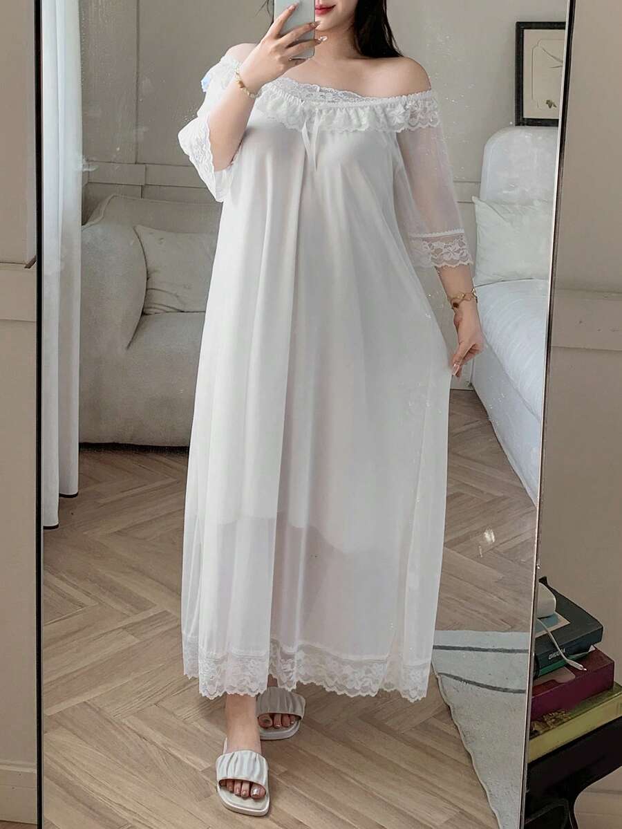 Dazy Plus Mesh Contrast Lace Off-Shoulder Loose Sexy Long Nightgown - White - View 1