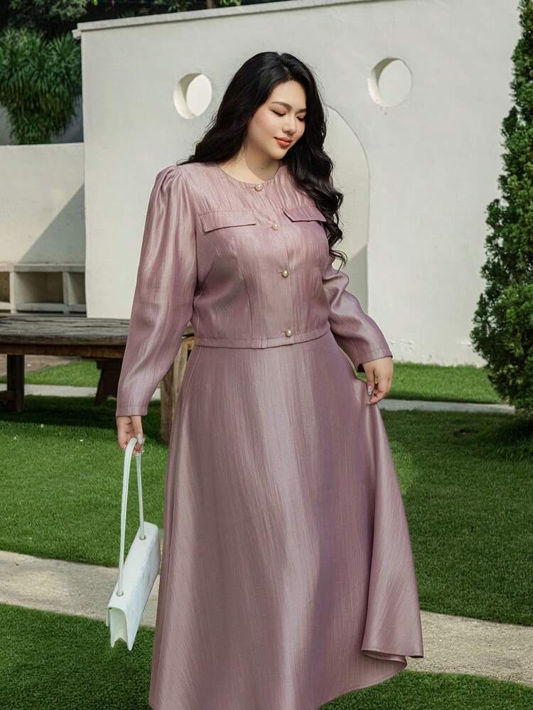 Dazy Plus 2pcs Set: Solid Color Faux Pocket Decor Long Sleeve Top & A-Line Skirt