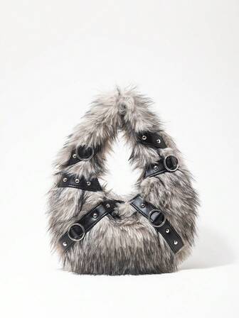 Grunge Punk Ladies,Women Hand Bags,Plush,Plush Bag,Punk Rivet Biker Bags,Gifts For Women,Metal Chain,Fashionable,Personality,Versatile,Shopping,Street,Sweet And Cool Girls,Hot Girls,Y2k,Daily,Autumn And Winter(Random Pattern)