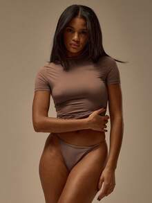 MUSERA ESSENTIALS Fitted Short Sleeve Polyamide Crewneck Top Winter Cosy Lounge Cute Sexy Everyday Lounge Essential - Chocolate Brown - View 1