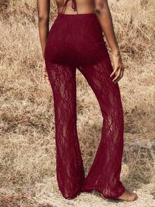 Opulessa Vacation Knit Lace High Waist Flare Pants For Women - Burgundy - View 2