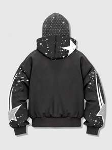 ROMWE MEN Street Life Stylish Dark Hooded Zip-Up Sweatshirt Jacket With Rhinestone Embellishment For Men - Grey - View 2