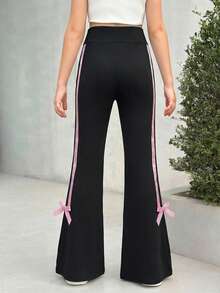 SHEIN Nova Glow Tween Girls Side Stripe Flared Casual Pants, Contrast Color Ribbon & Bow Accent, Back-To-School & Everyday Wear - Black - View 2