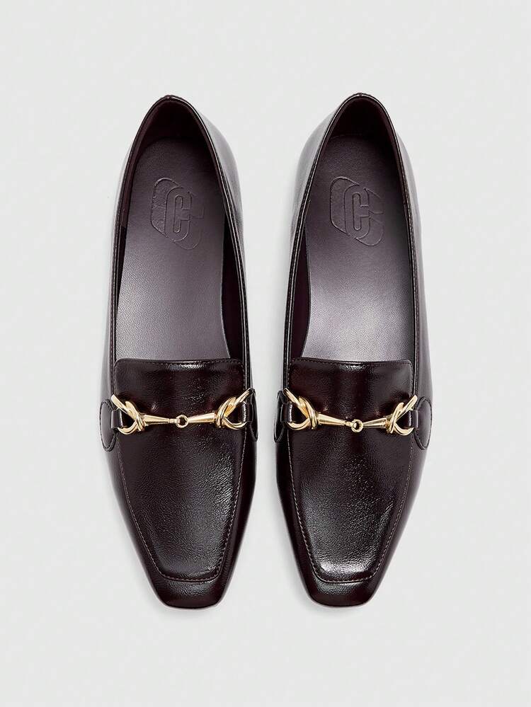 CUCCOO BIZCHIC Women's Square Toe Flat Black Metal Buckle Slip-On Loafers, Lightweight & Comfortable For Commuting For Christmas Valentine's Day