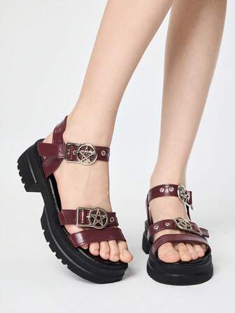 Women's Summer Open Toe Dark Rock Punk Goth Roman Beach Sandals, Star Strap Platform Wedge Sandals Spring Shoes Spring Break Easter, Halloween For Christmas