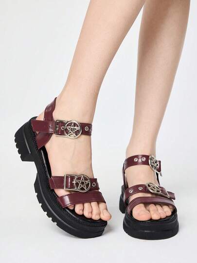 Goth Sandali estivi da donna con punta aperta, stile rock dark, gotico, romano, da spiaggia, con cinturino a stella, zeppa platform, scarpe primaverili per vacanze di Pasqua, Ognissanti e Natale
