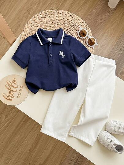 Baby Boy Casual Cute Collegiate Style Embroidered Short Sleeve Polo Shirt And Elastic Waist Pants Set