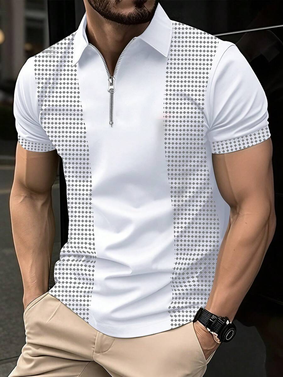 Manfinity Mode 男士几何印花短袖休闲通勤 Polo 衫 - 白色 - 查看 1