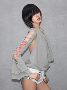 ROMWE Avant 女士纯色圆领时尚长袖镂空衬衫 - 灰色 - 查看 2