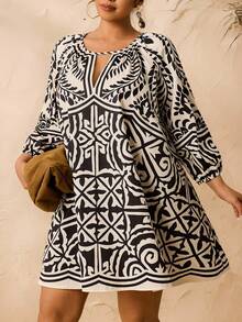 SHEIN CURVE+ Plus Size Hollow Neck Allover Print Casual Vacation Dress Boho Tops Plus Size Cruise - Black and White - View 7