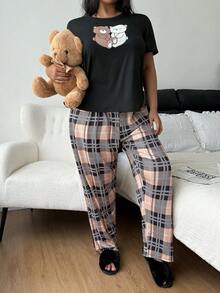 Dream Adore 加大码两件套可爱小熊格子印花睡衣套装