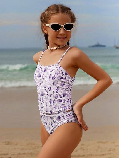 SHEIN Tween Girls Bikini Sets, Knitted Tankini With Adjustable Straps And Side Ruffle Design, Fashionable, Elegant And Cute, Suitable For Vacation, Swimming, Beach, Summer