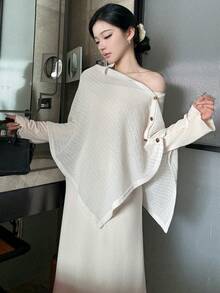 DAZY 春夏纯色围巾披肩及修身连衣裙套装，优雅百搭，适合情人节、婚礼、派对、正式场合、时尚活动，修身剪裁，通勤皆宜。 - 米色 - 查看 14