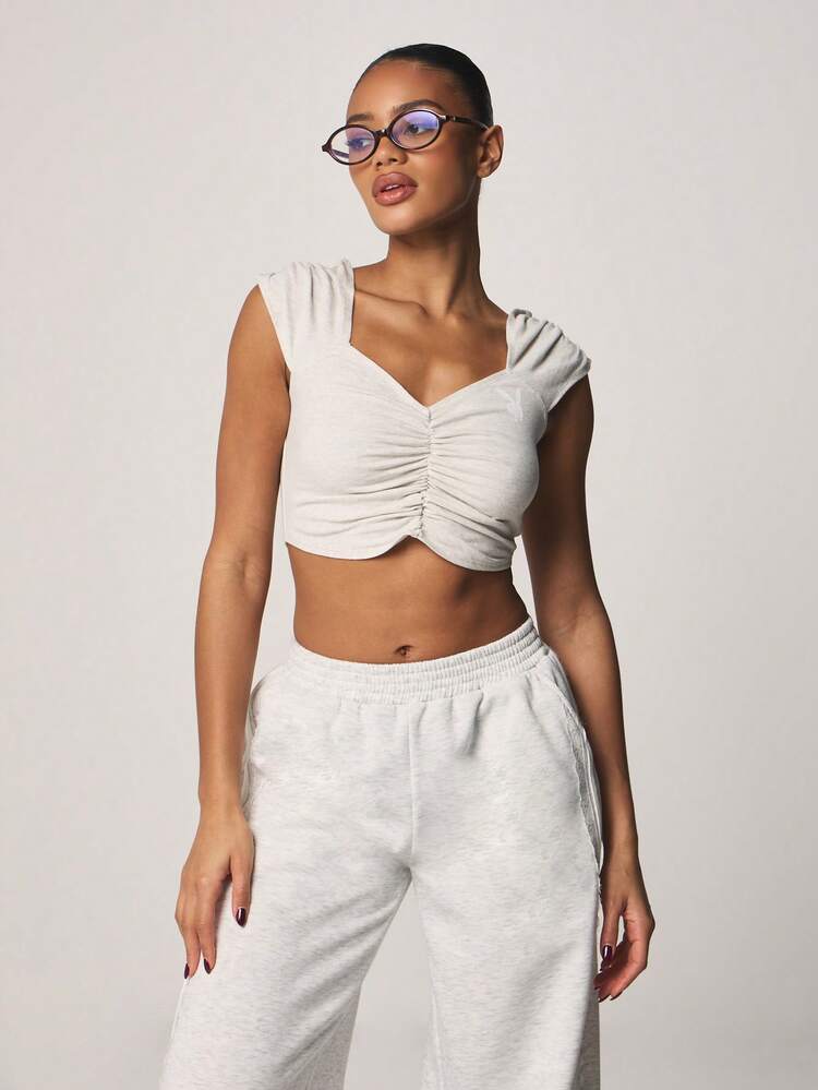 Missguided x Playboy 셔링 디테일 스위트하트 네크라인 및 캡 슬리브가 있는 민소매 탱크 탑