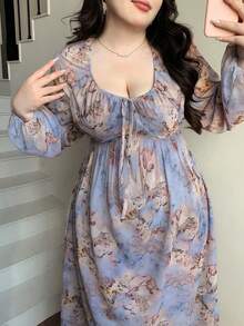 Dazy Plus V-Neck Floral Print Lantern Sleeve Tie-Waist Dress, Vacation Style, Spring/Summer - Teal Blue - View 1