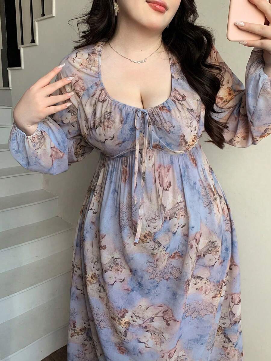 Dazy Plus V-Neck Floral Print Lantern Sleeve Tie-Waist Dress, Vacation Style, Spring/Summer - Teal Blue - View 1