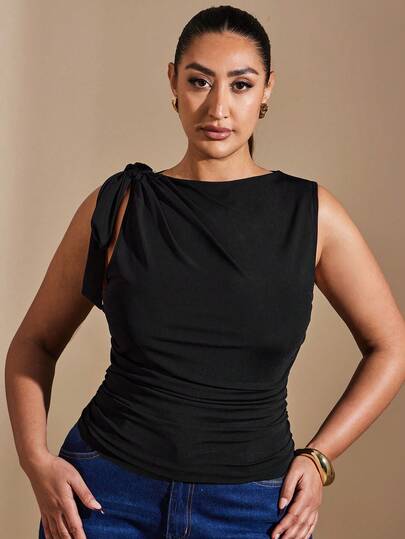 SHEIN BAE 大码吊带背心，无袖，黑色，适合情人节、夏季、生日、正式场合、派对等场合。