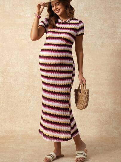 Boho Mama Summer Outfit Maternity Clothes Maternity Dressed Rainbow Striped High-Elasticity Slim Fit Long Dress For Maternity Vacation Maternity Casual Striped Bodycon Dress